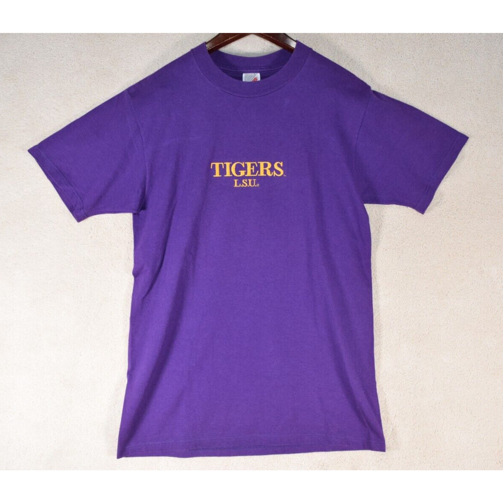 LSU Tigers Purple T-Shirt M Embroidered Gold Letter Spell-out Jerzees Crew Neck